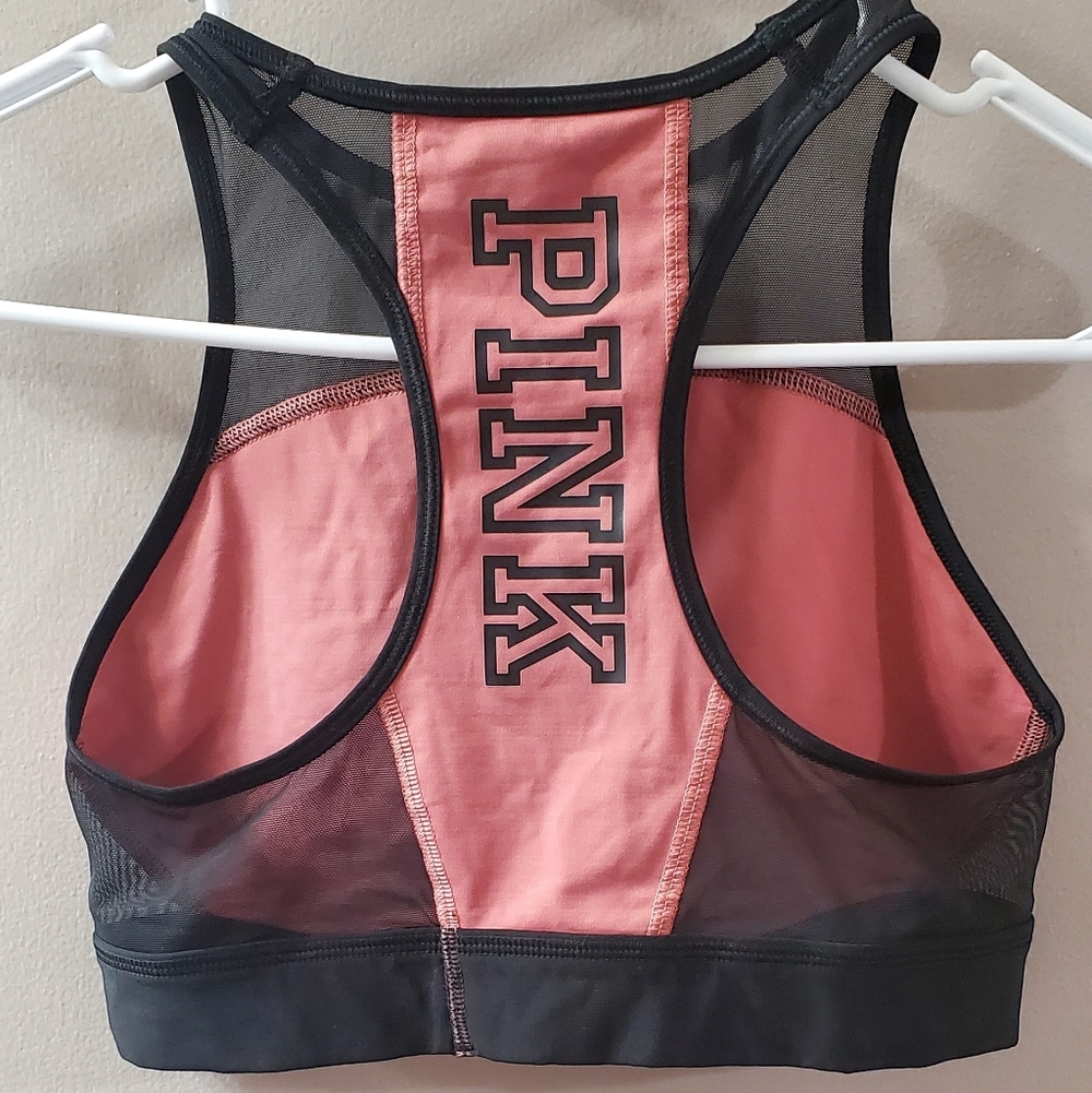 PINK Victoria's Secret Coral Pink and Black Mesh Racerback Sports Bra. Sz S